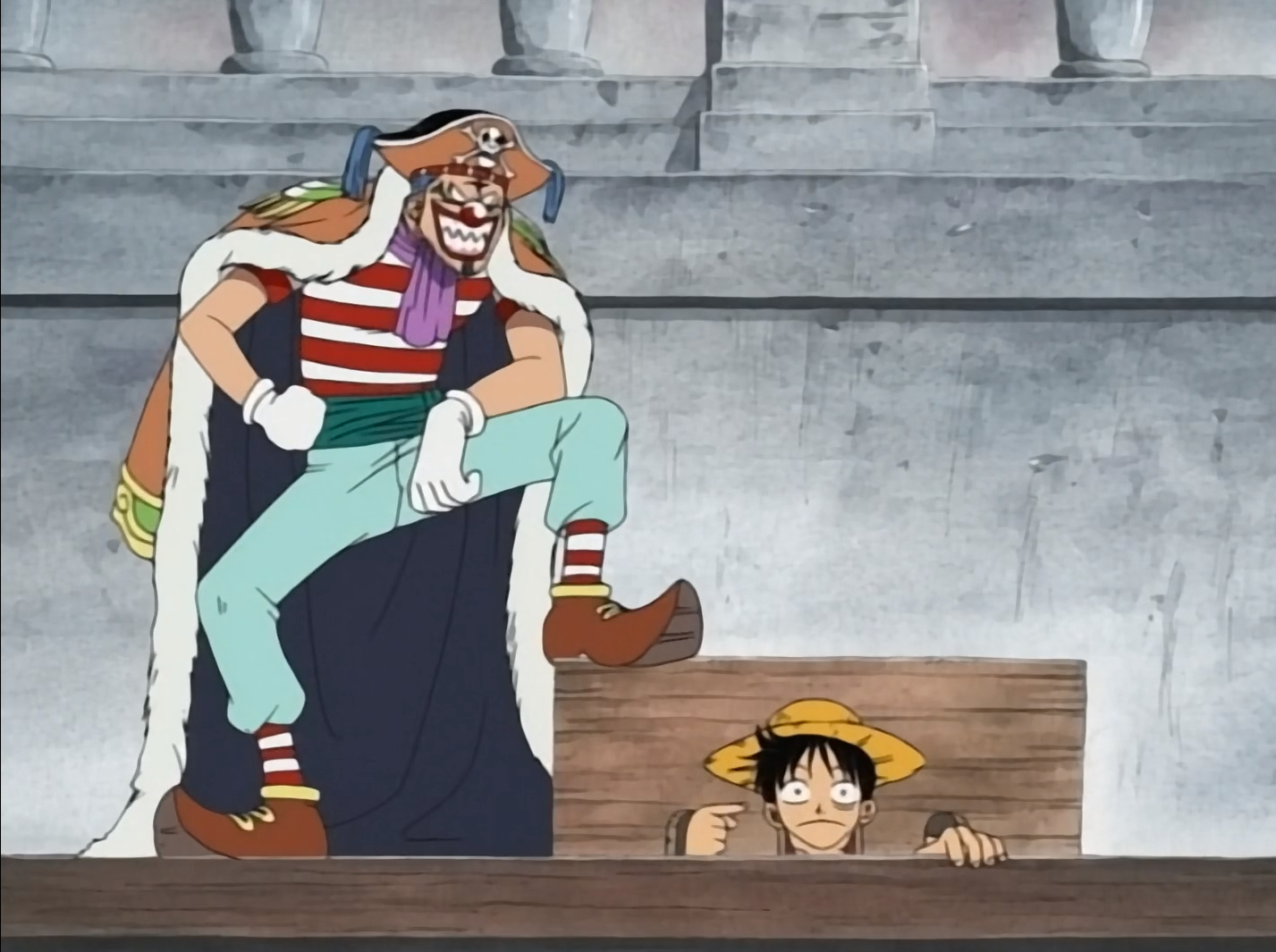 One Piece Buggy smiles as he is about to execute Luffy