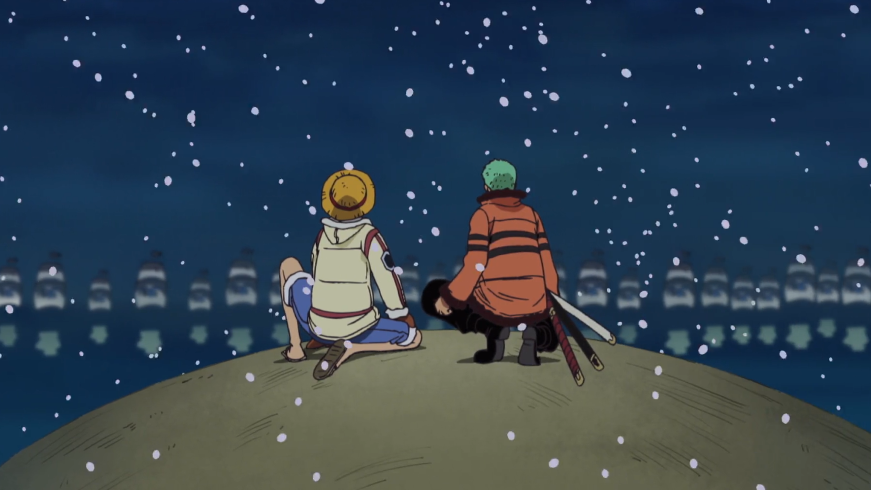 One Piece Ice Hunter Arc Luffy and Zoro Look at Marine Ships