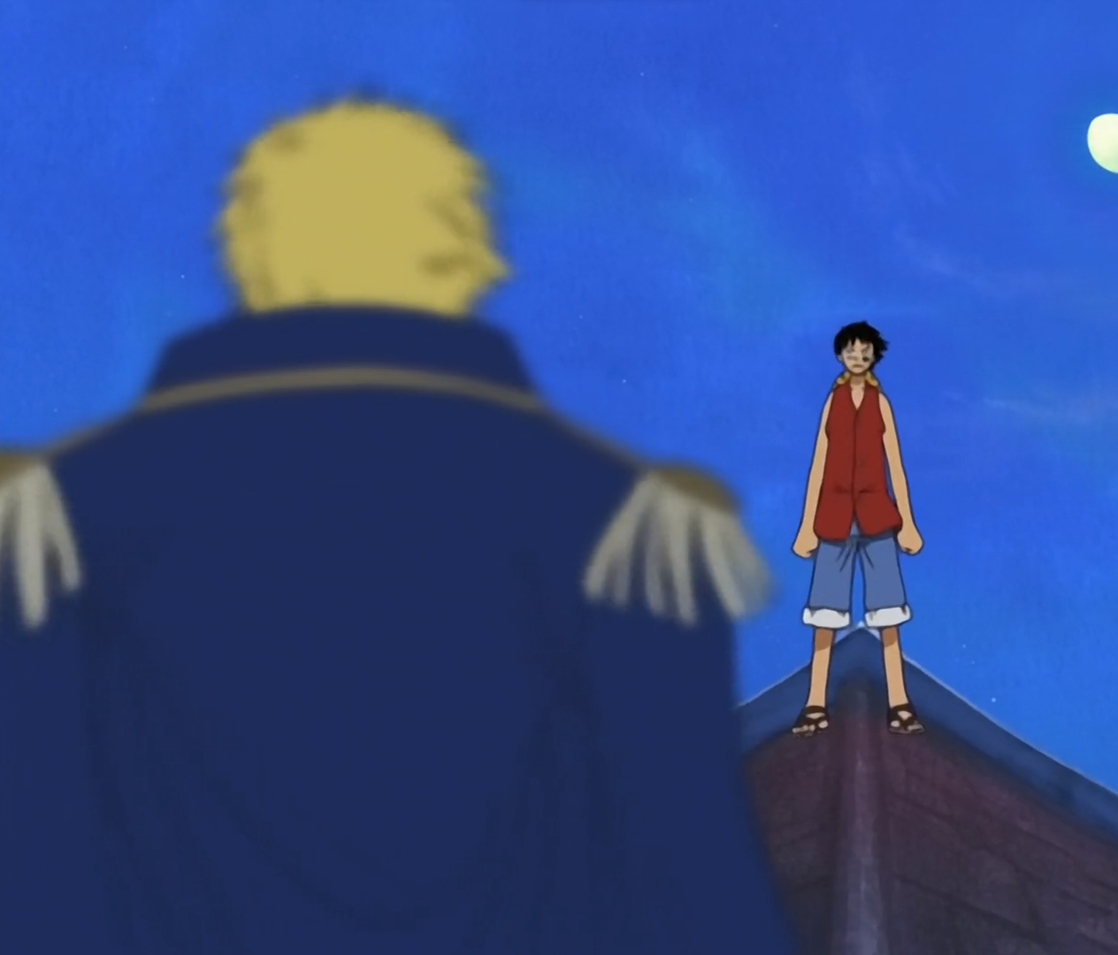One Piece Jaya Island Arc Luffy faces Bellamy at a roof in Mock Town