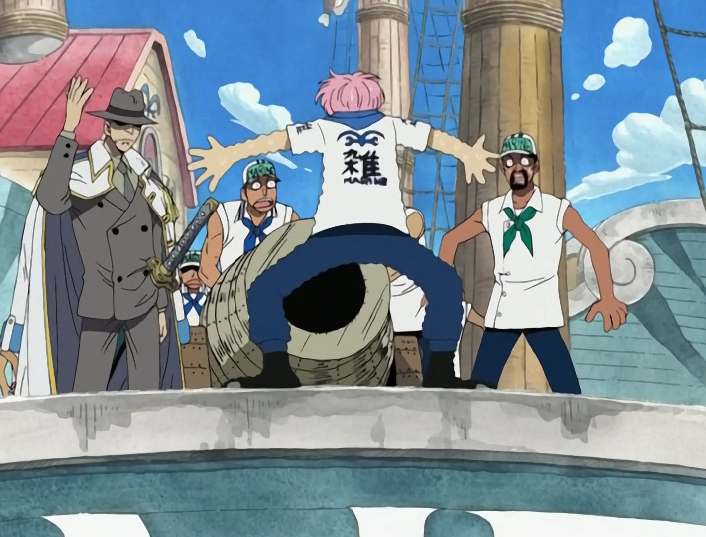 One Piece Koby stands in the way of other marines about to shoot Morgan