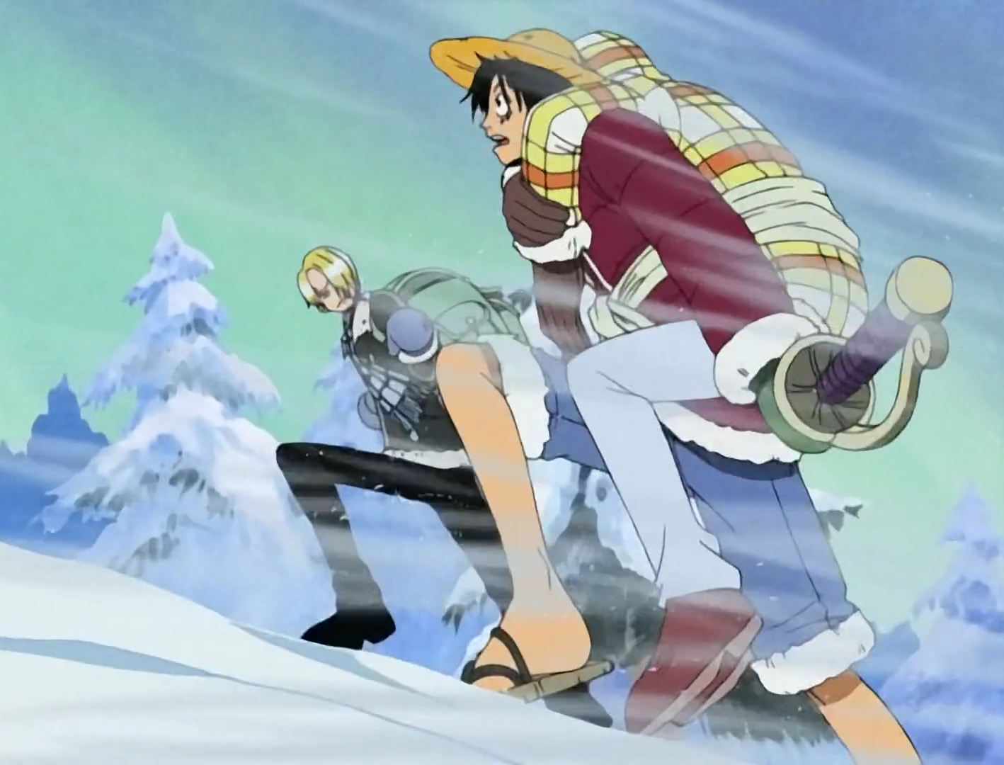 One Piece Luffy and Sanji climb the snowy mountain carrying sick Nami