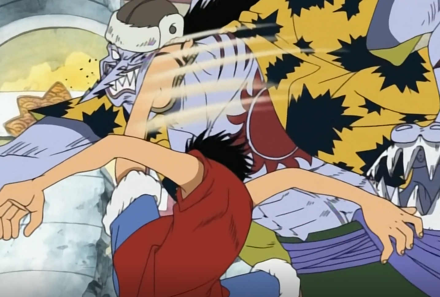 One Piece Luffy kicks Arlong in the Face