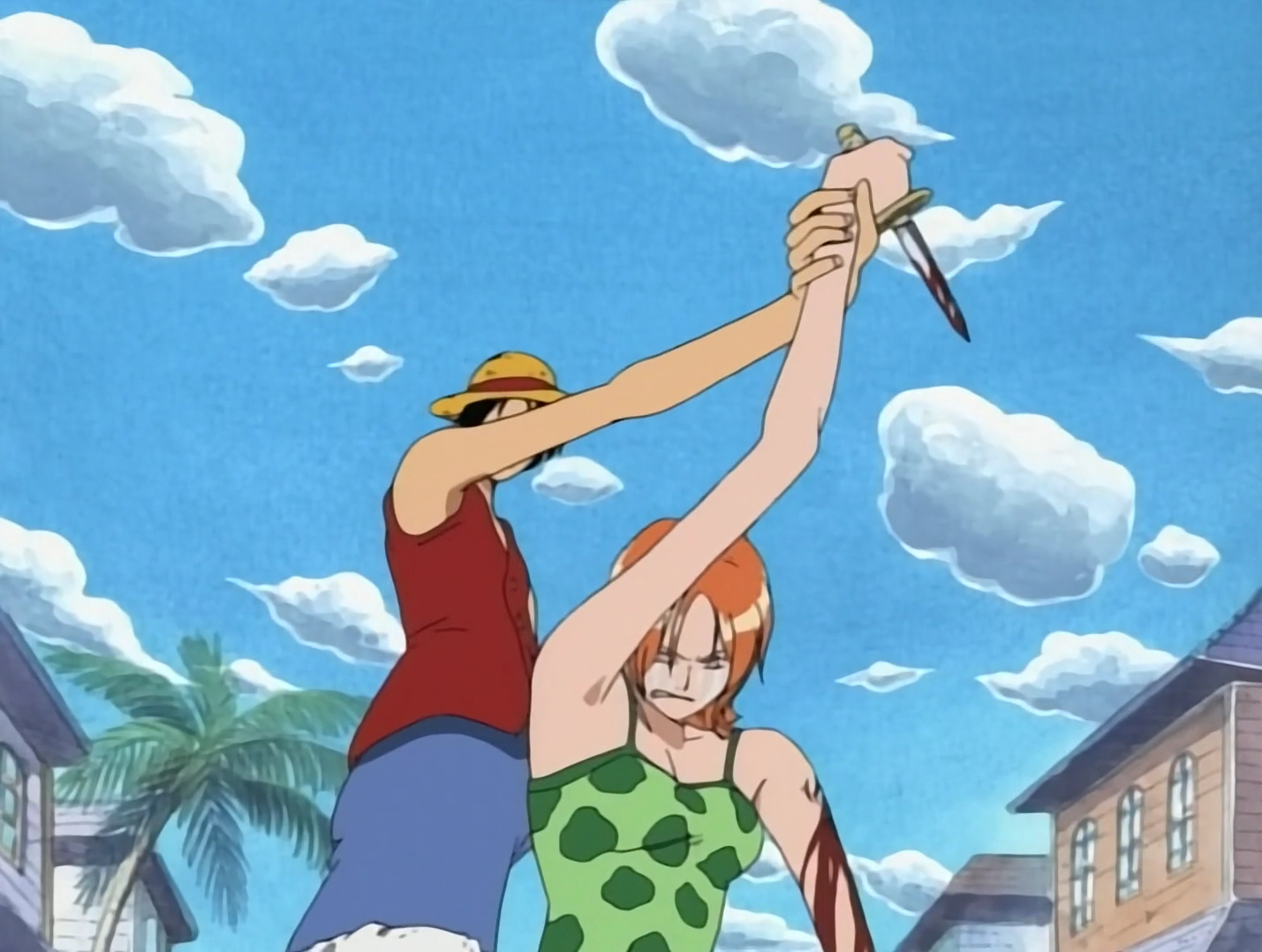 One Piece Luffy stops Nami from stabbing her own arm