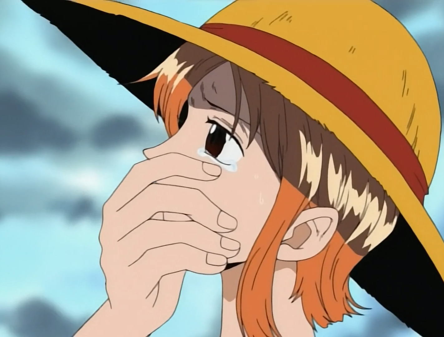 One Piece Nami Cries while wearing Luffys Straw hat