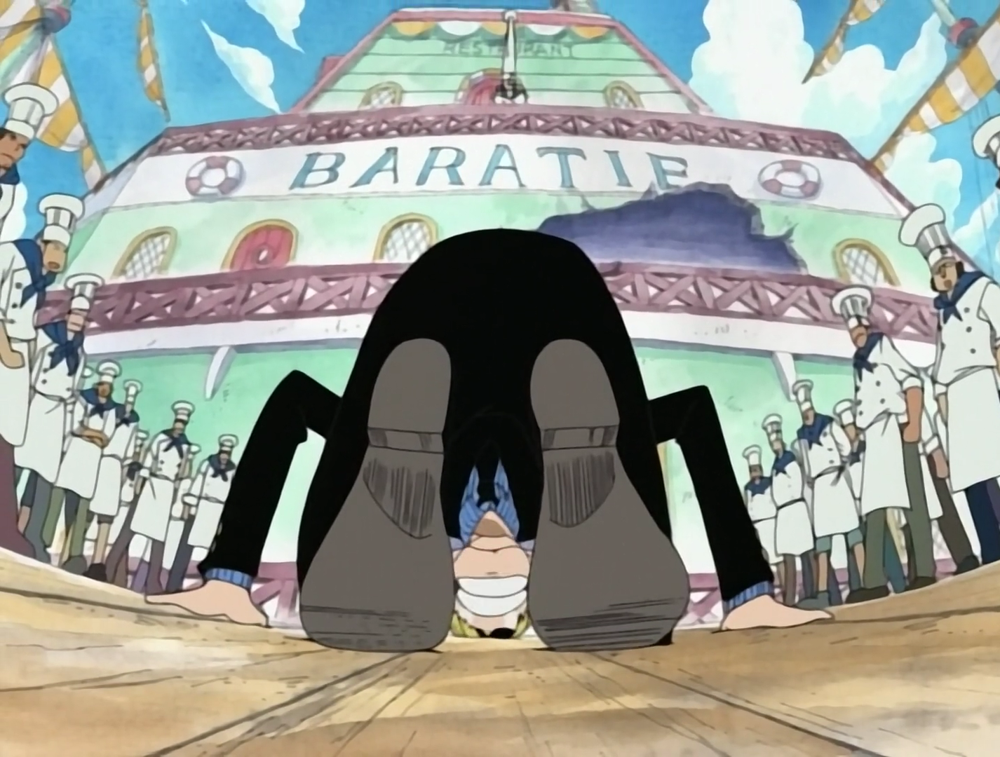 One Piece Sanji cries as he bids farewell to Zeff and the Crew of the Baratie