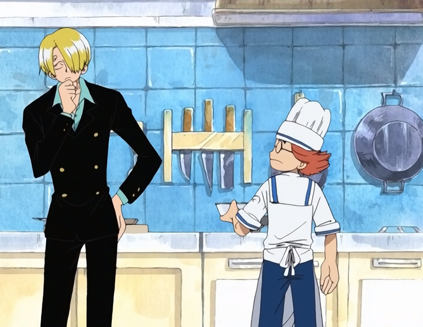 One Piece Sanji gives marine chef trainee Taijo a cooking lesson