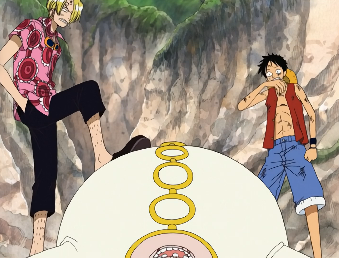 One Piece Skypiea Luffy and Sanji after they defeated Satori