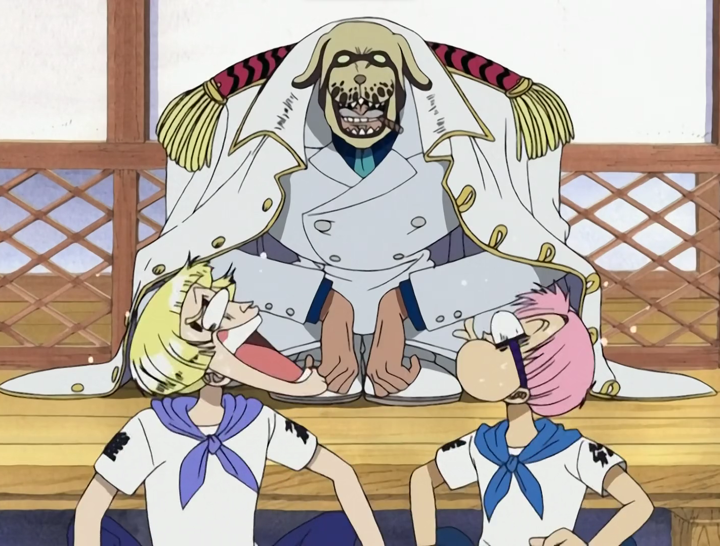 One Piece Vice Admiral Garp eavesdrops on Koby and Helmeppo as they talk about Luffy