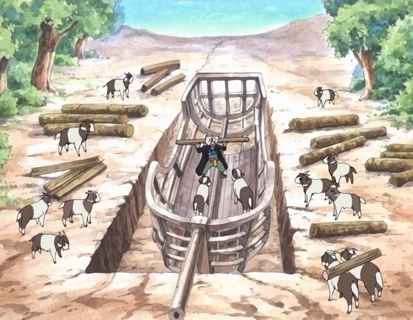 One Piece Zenny builds his ship with the help of his goats