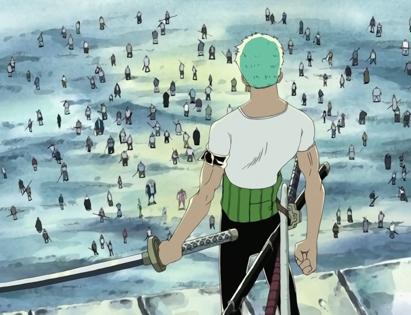 One Piece Zoro about to fight the Baroque Works and faces a hundred bounty hunters