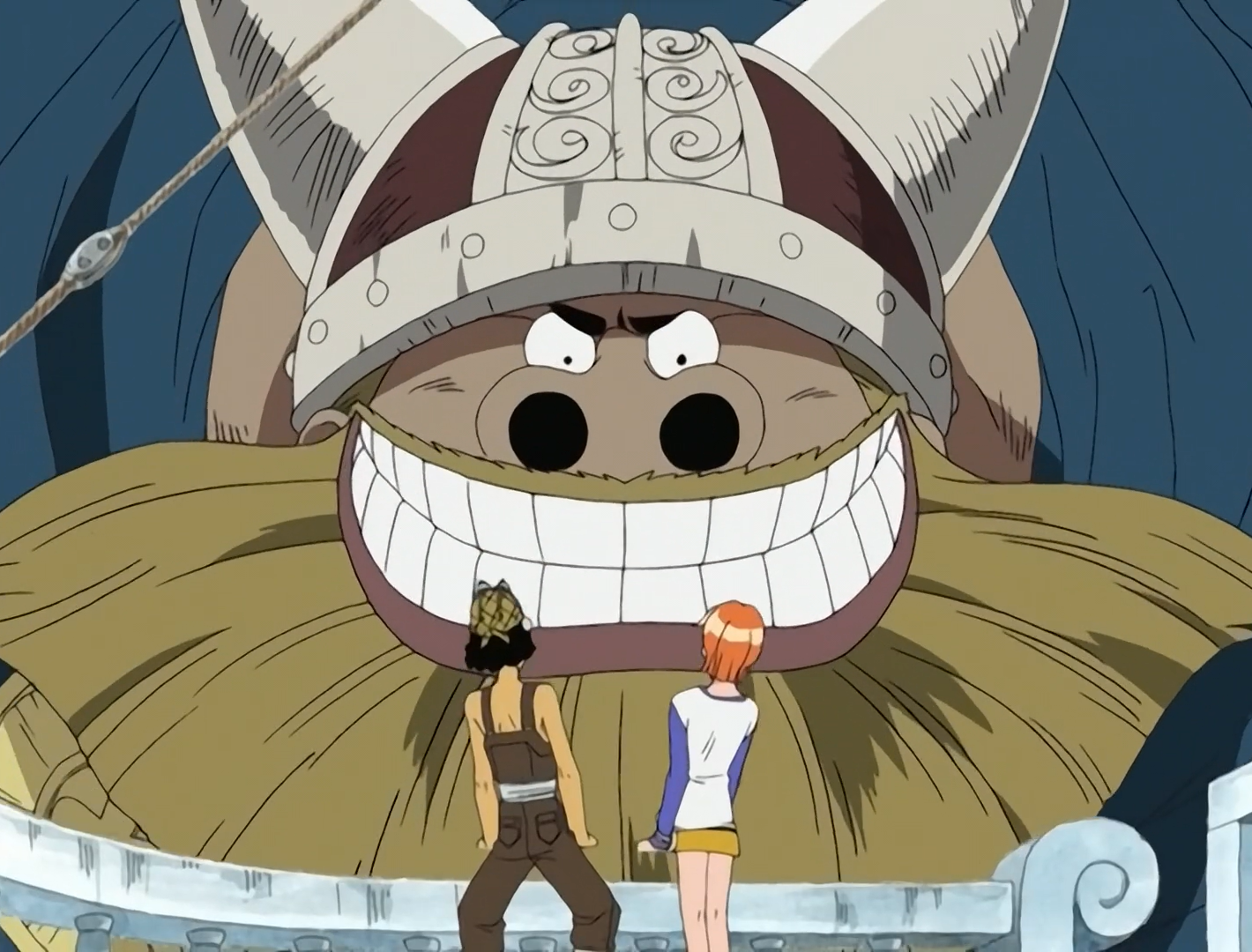One Piece Brogy greeting a frightened Nami and Usopp