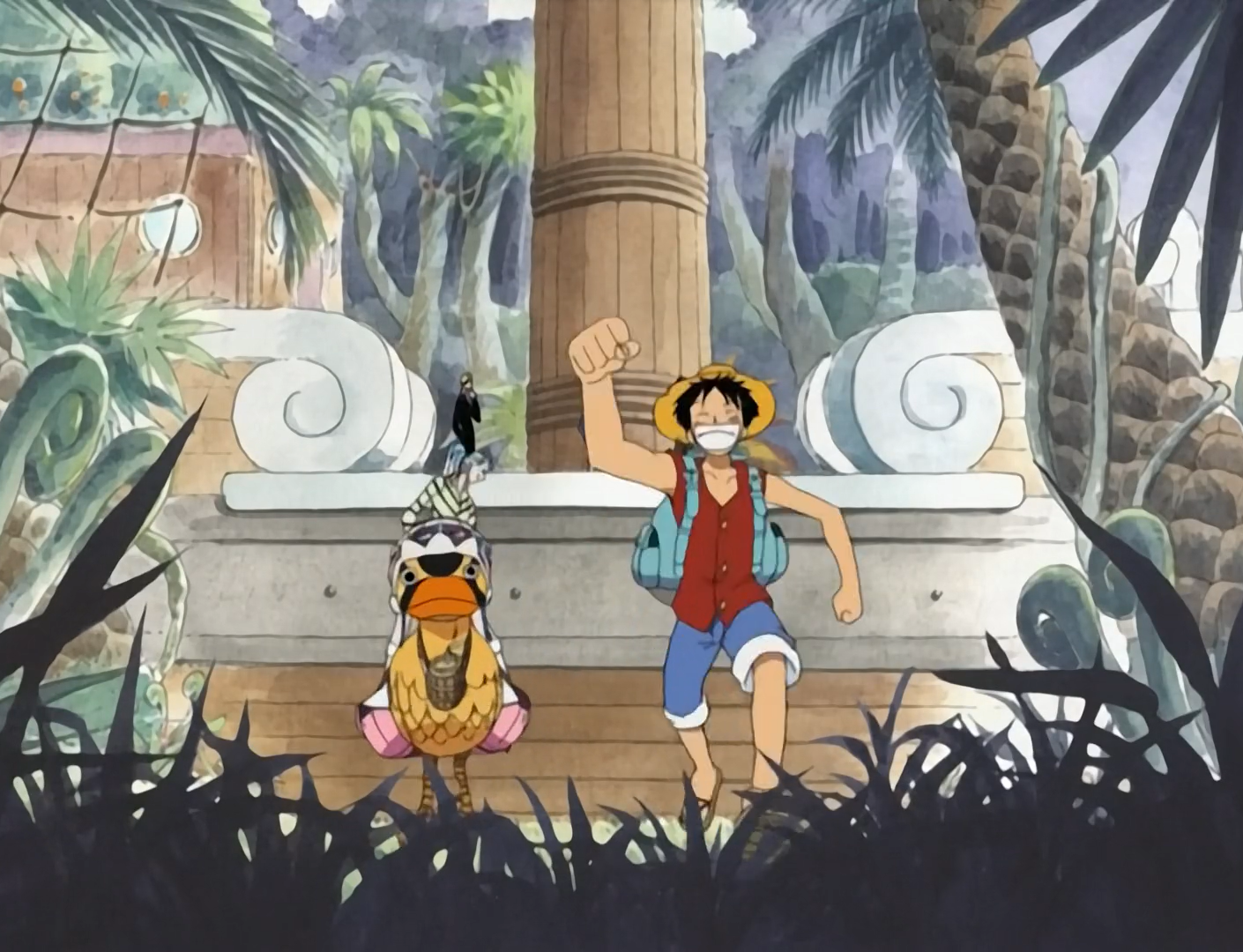 One piece Luffy vivi and Karoo walking away from the going merry to explore the island of little garden