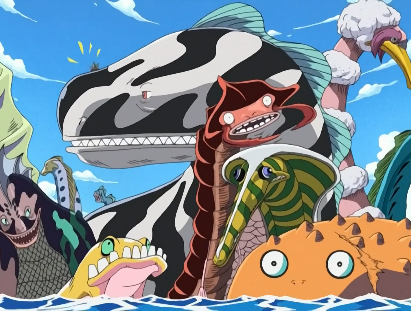 One Piece Going Merry surrounded by many Sea Kings