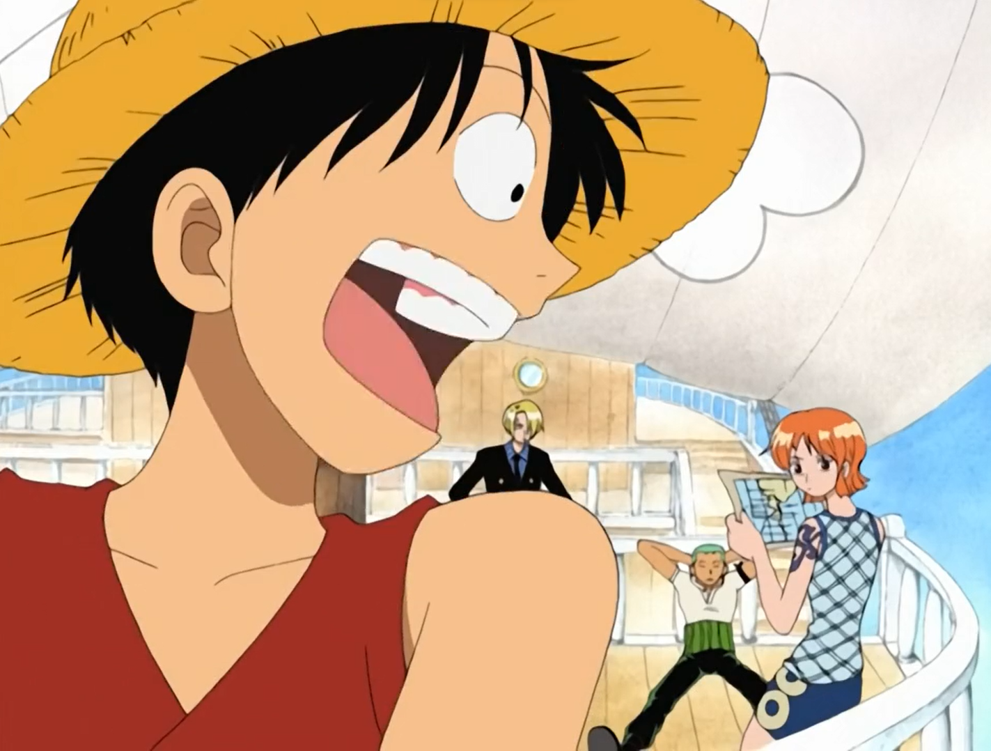 One Piece Luffy and his crew on the deck of the Going Merry