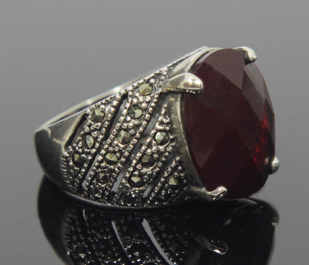 Sterling Silver Garnet Marcasite Ring Size 8 | Jubilee Gift Shop