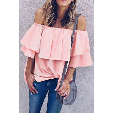 Cute Pink Soft Breeze Frilly Off the Shoulder Top