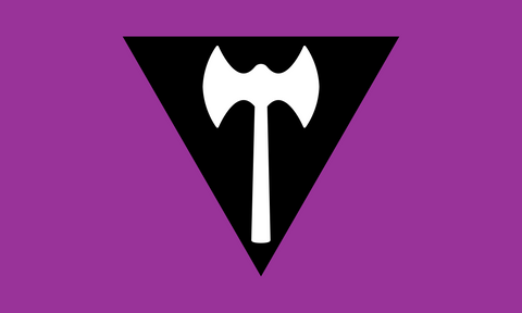 Image of the Labrys flag- violet background with a black inverted triangle in the middle containing a white labrys