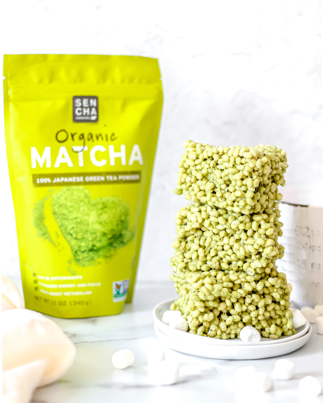 Matcha green tea powder rice krispies treats dessert recipe