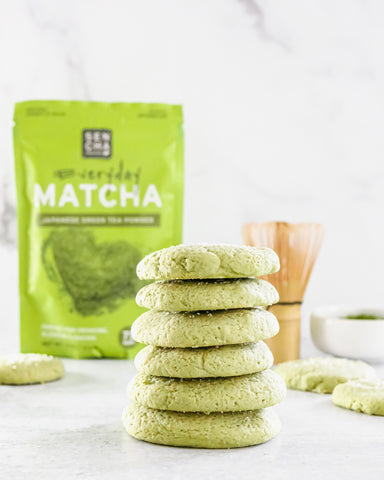 Photo of stacked sugar cookies baked with matcha green tea powder