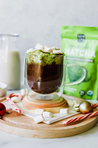 photo of hot chocolate made with matcha green tea powder, with candy canes and Christmas globes in the background