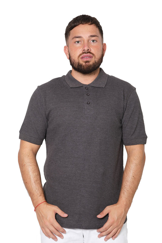 Men's Short Sleeve T-Shirt with 3 Buttons and Pique Polo Collar - Charcoal