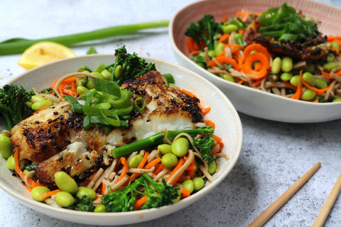 Asian-Spiced White Fish and Edamame Noodle Salad