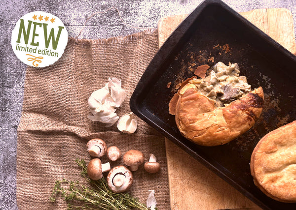 organic chicken and garlic mushroom pie.