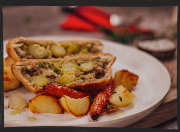 sensational sprout pie served on a white plate with Christmas trimmings
