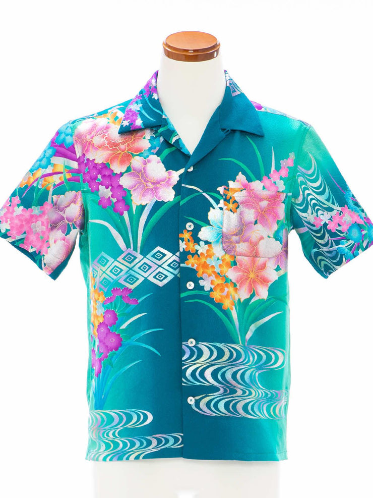 着物アロハシャツ「水辺で輝く花々A」AH100088 - kimono-cycle