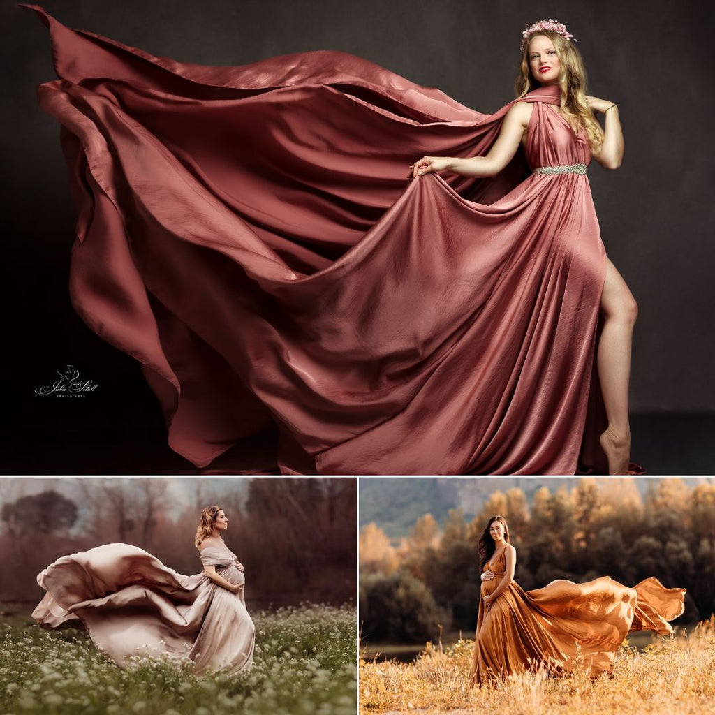collage with models wearing a long silky dress