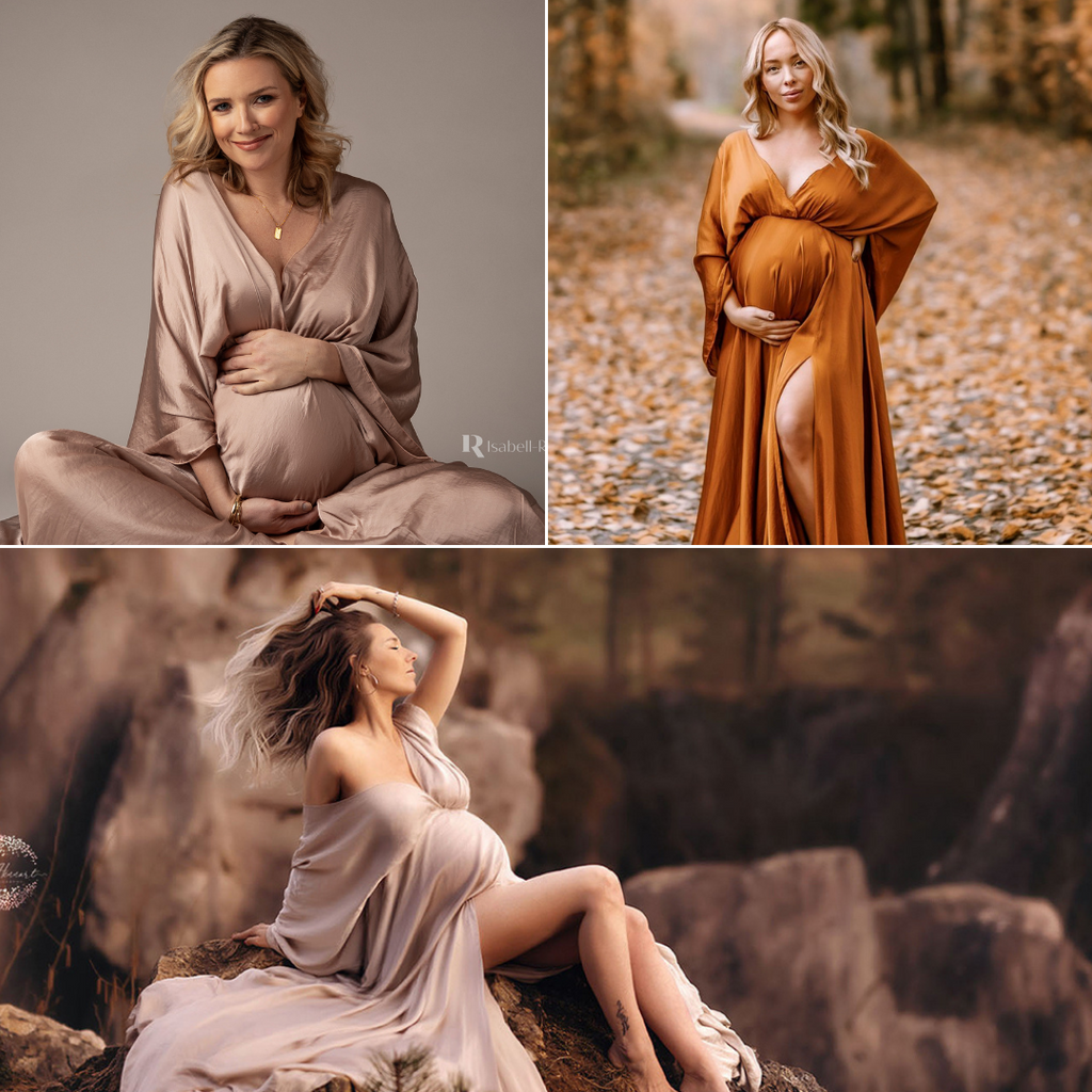 collage of 3 photo's where all the models are wearing a silky long dress. one wears a dusty pink one, the second wears a cognac dress and the last a sand coloured silky convallaria dress.