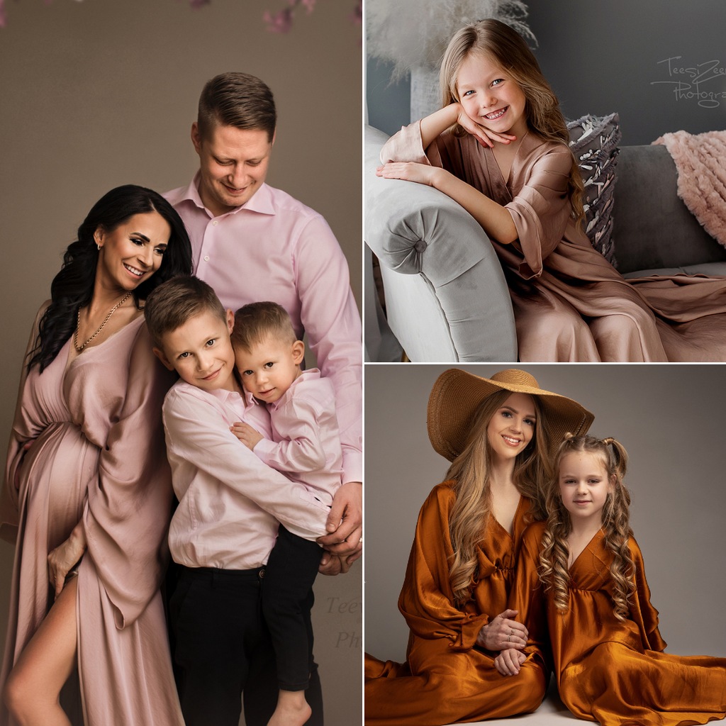 collage of convallaria silky dresses. the first photo shows a family photo where the mom wears a dusty pink long dress and their kids and husband a pink blouse. the second photo shows a little girl wearing a dusty pink dress as well. the third photo shows a mother and daughter wearing matching cognac dresses.