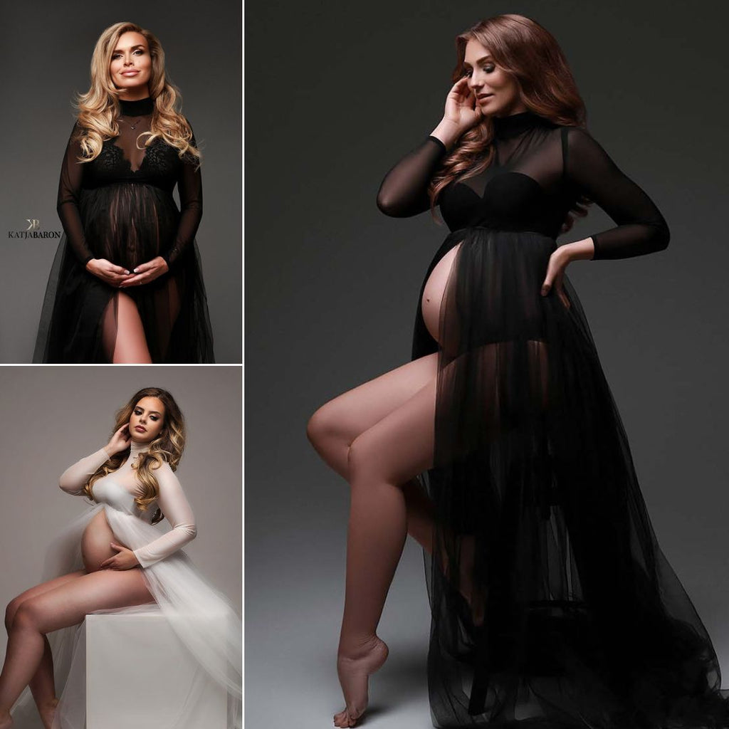 collage with 3 photo's of models wearing a long dress with an open slit on the belly. the top has long sleeves and it is made of mesh and the skirt is made of tulle.