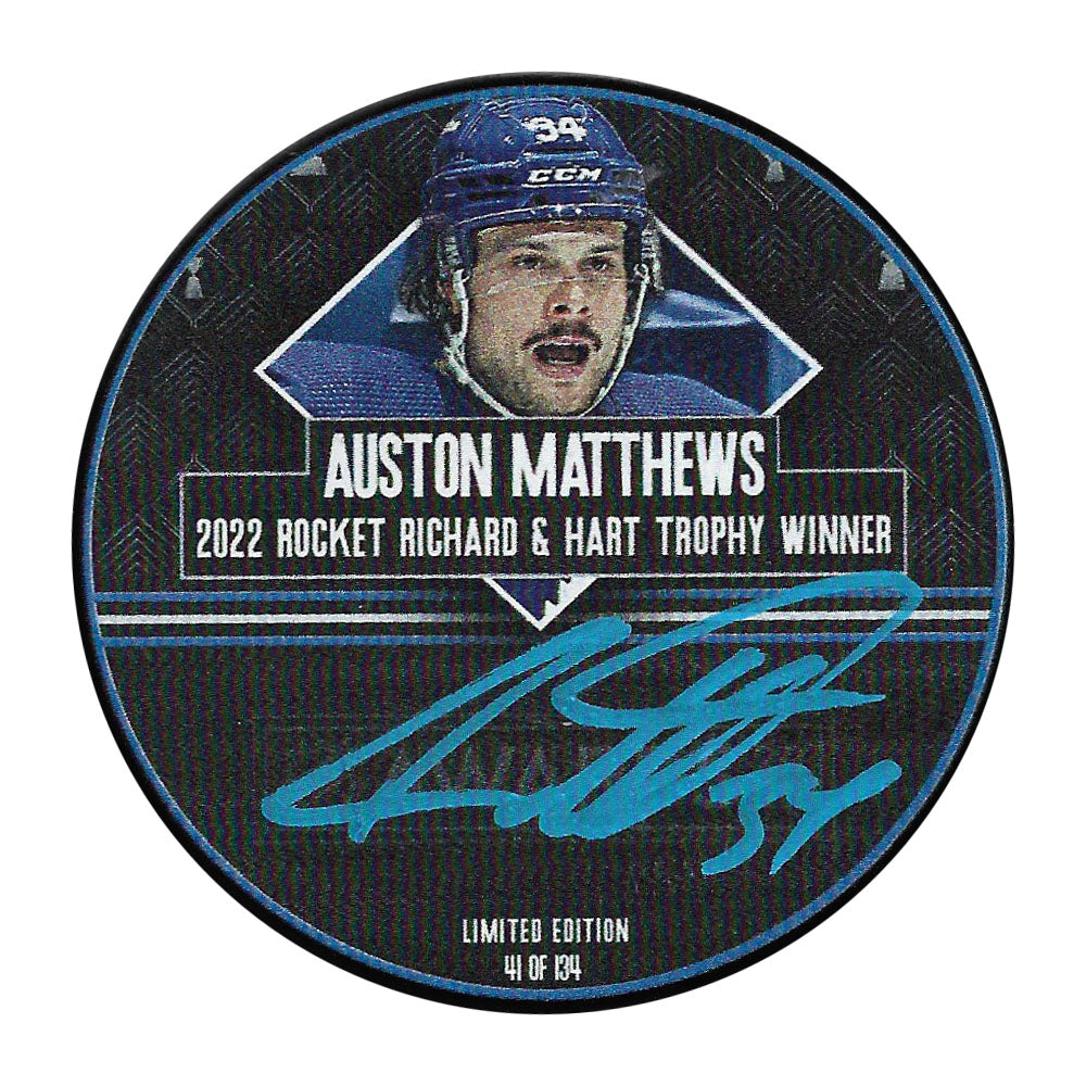 Auston Matthews Autographed Limited-Edition 2022 Hart Trophy Photo Puck