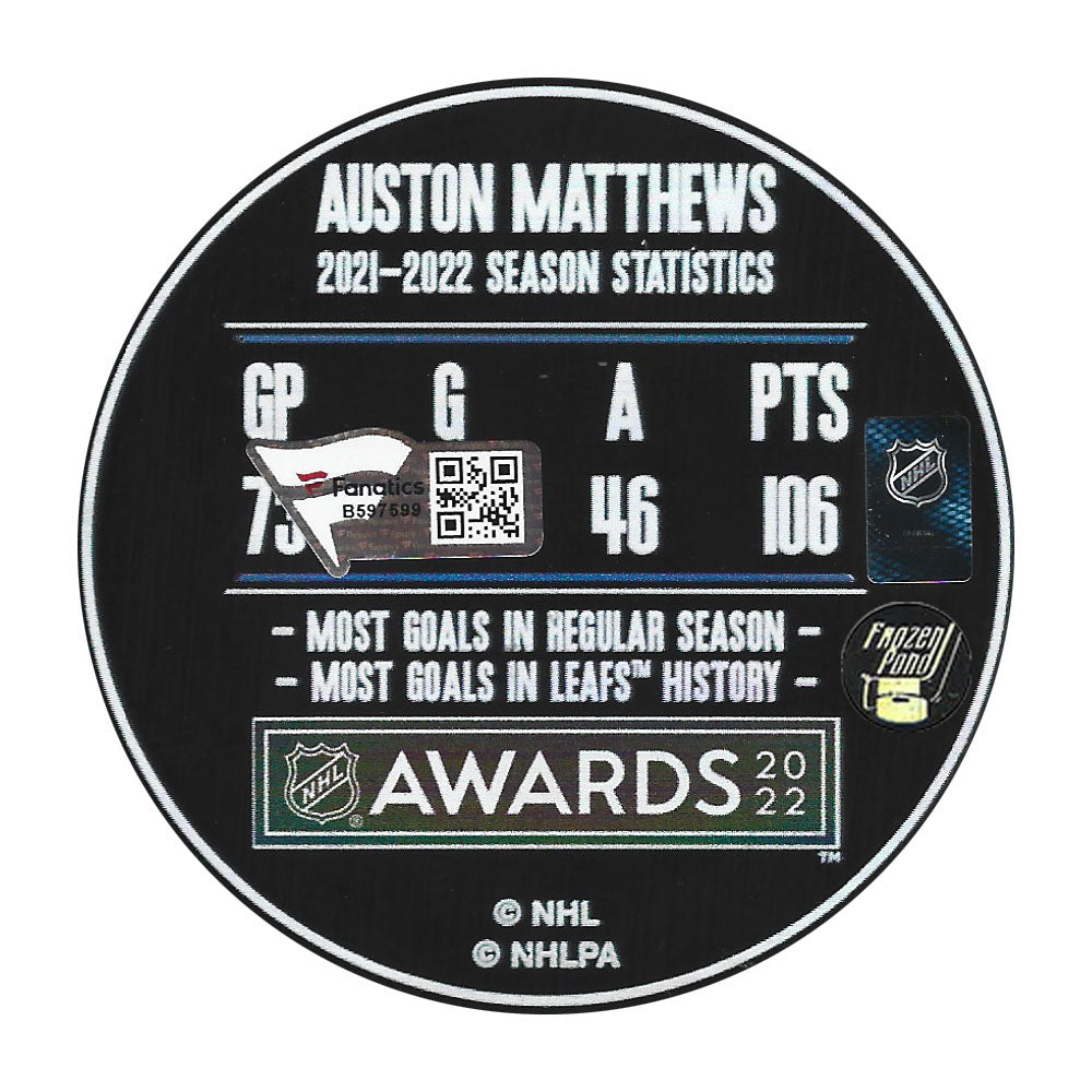 Auston Matthews Autographed Limited-Edition 2022 Hart Trophy Photo Puck