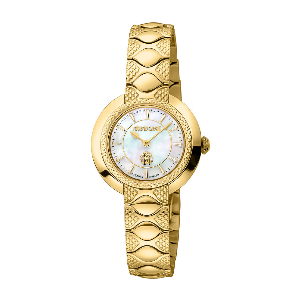 Roberto Cavalli Ladies Watch, White MOP Dial, Gold Color Metal Bracele