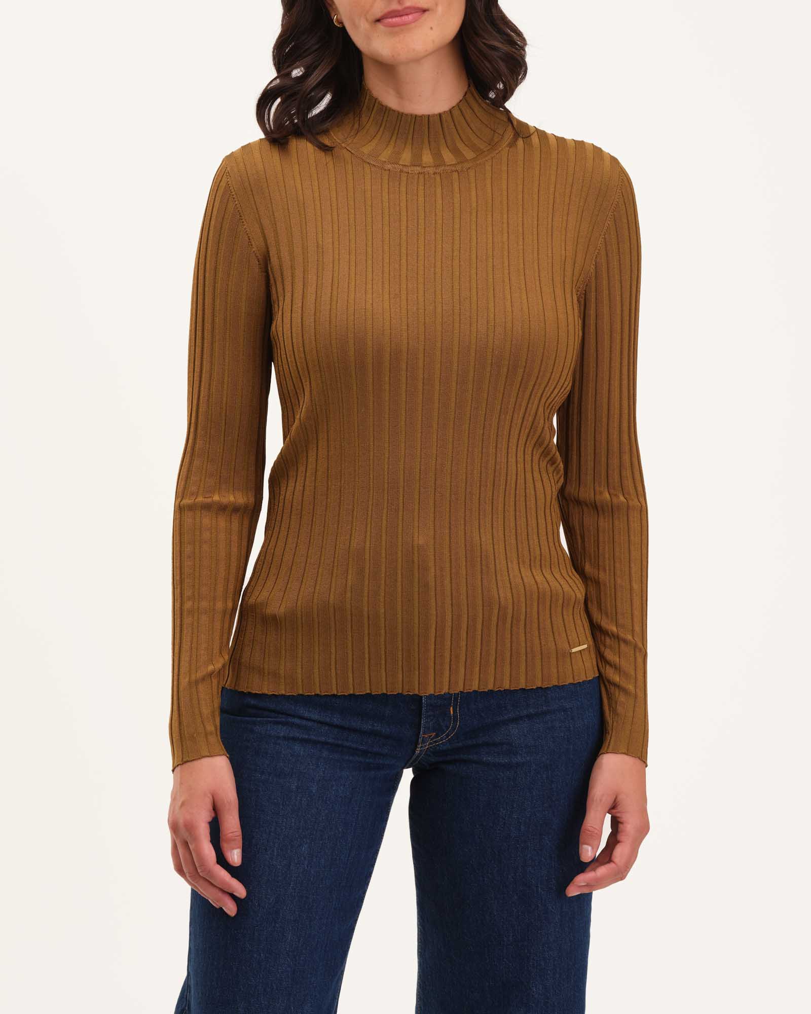 Viscose Blend Mock Neck Ribbed Sweater