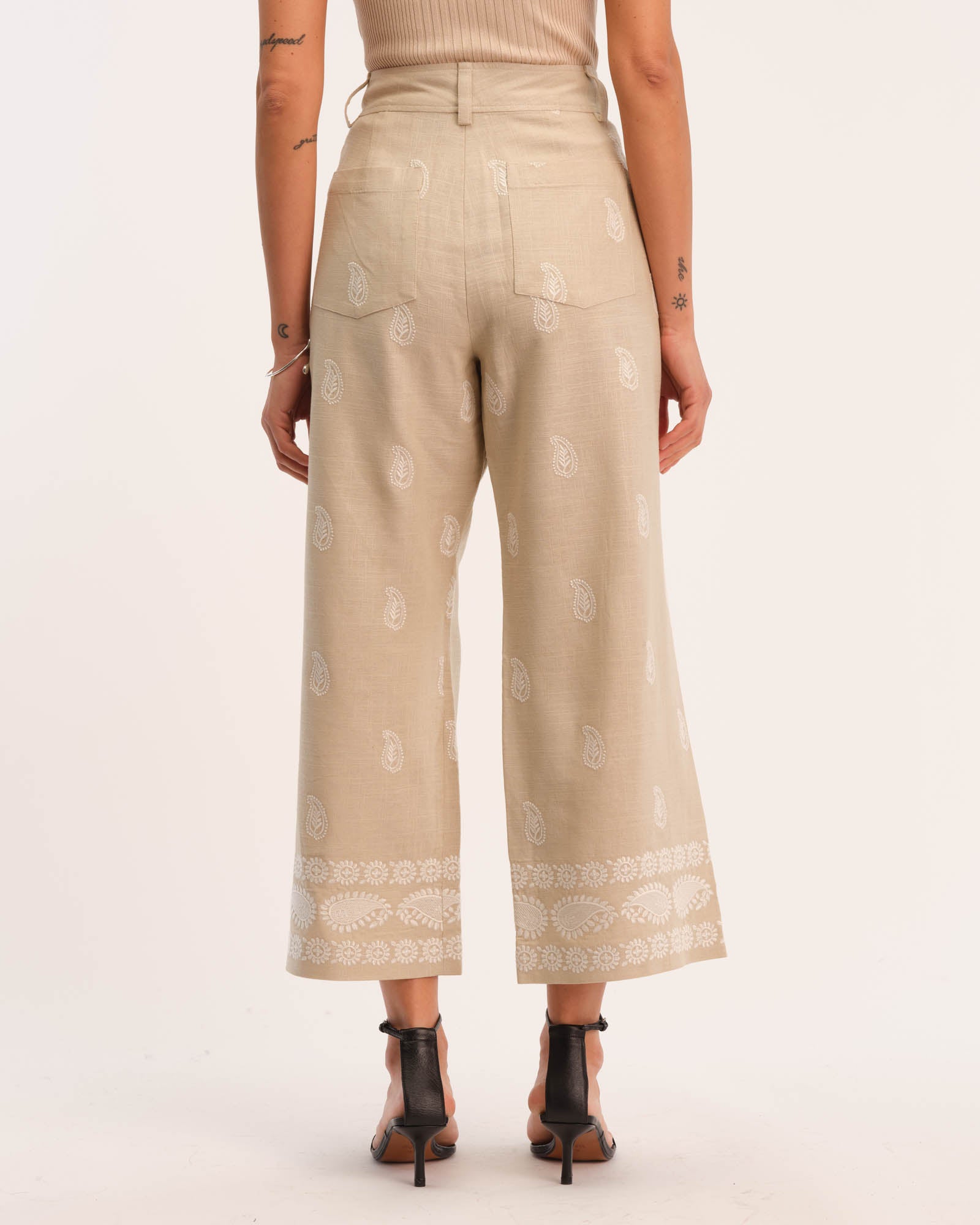 Linen Blend Leaf Print Embroidery Pant