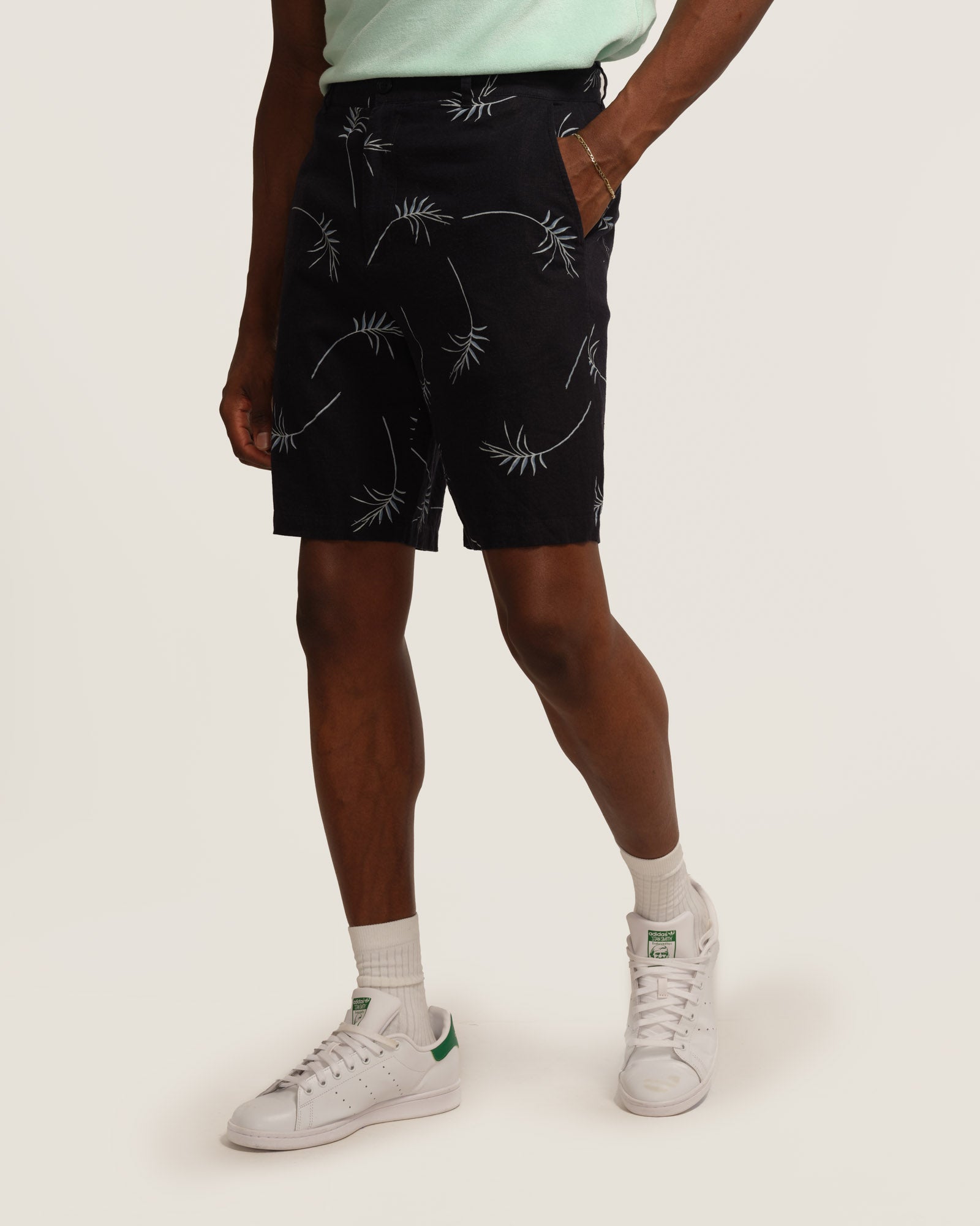 Linen Blend Palm Printed Shorts