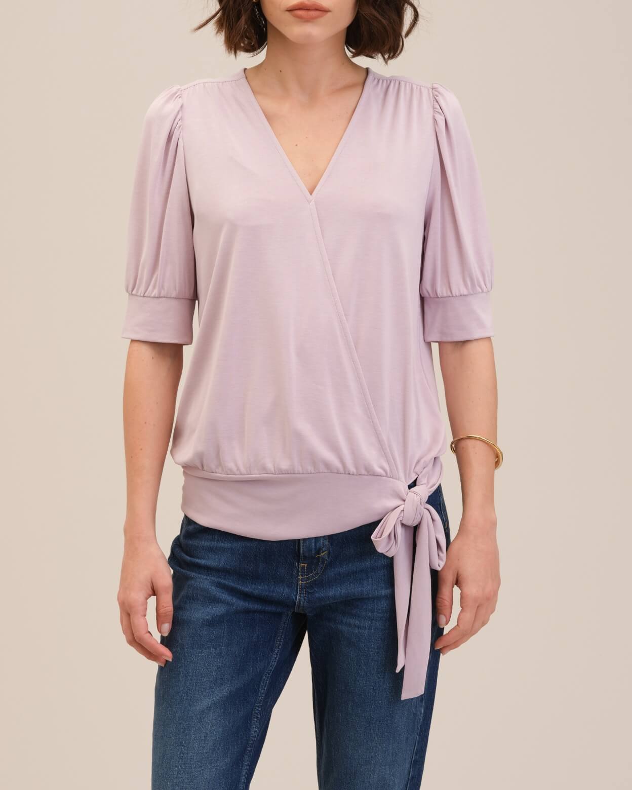 Elbow Sleeve Faux Wrap V-Neck Top