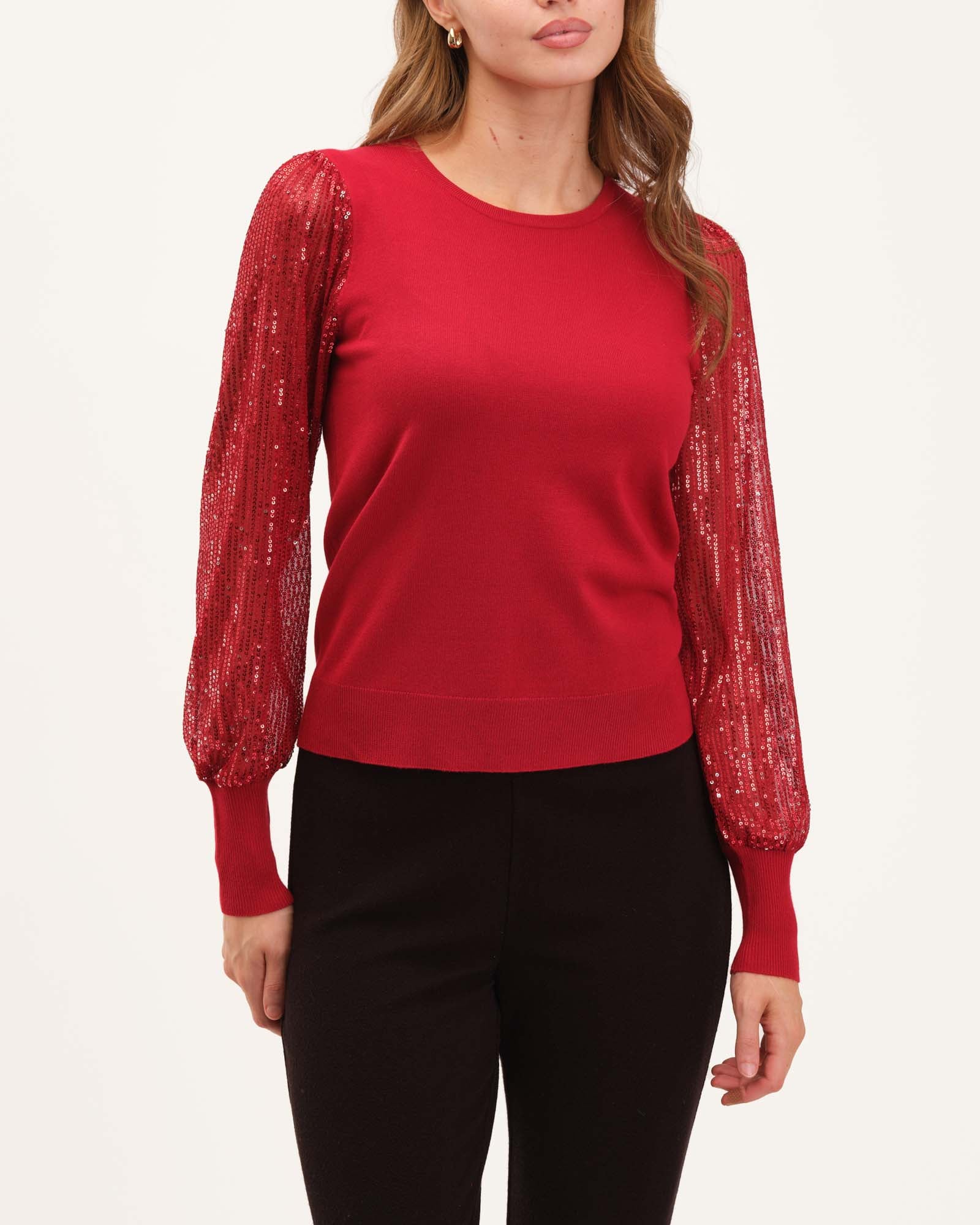 Blouson Sequin Sleeve Crew Neck Sweater