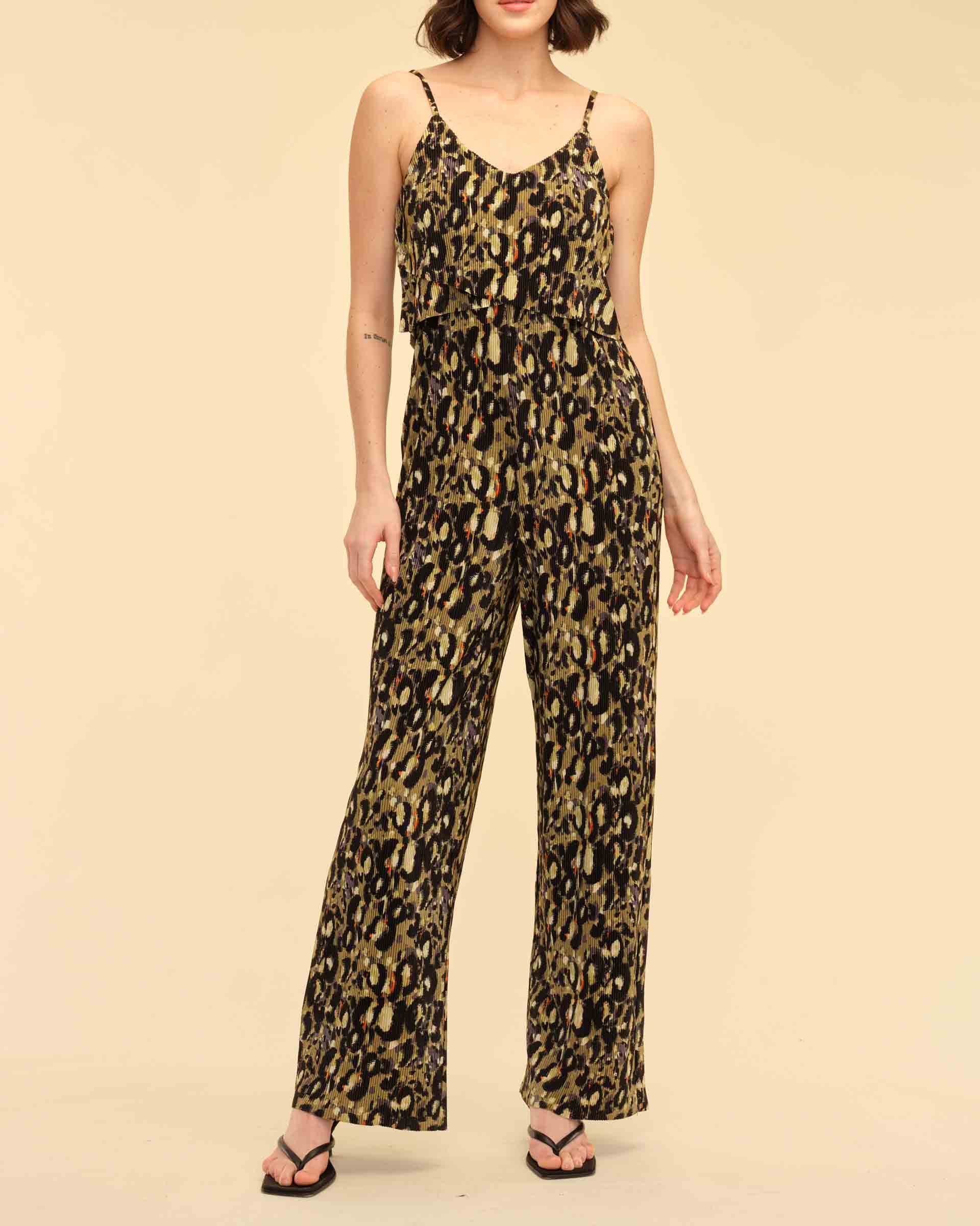 Print V-Neck Wide Leg Jumpsuit