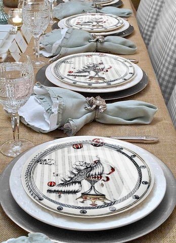 Tiger Shoe Circus is the name of this hand-drawn design on elegant plates that yes, you CAN eat off of.  Elegant table settings, great gift idea also for weddings