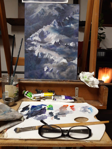 Landscape Painting The Alps Switzerland Aerial View On Easel