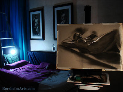 Model Setup during Nude Woman s Break for Hindsight Art Charcoal Drawing Realism