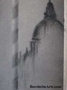 beginning to apply the charcoal on the distant church for Memories of Venice