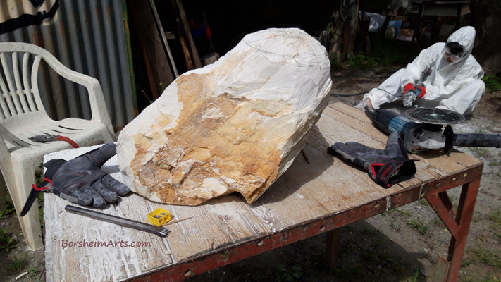 Sculptor Kumiko Suzuki unwittingly mimics the lean of my studio while we both work at the quarry.