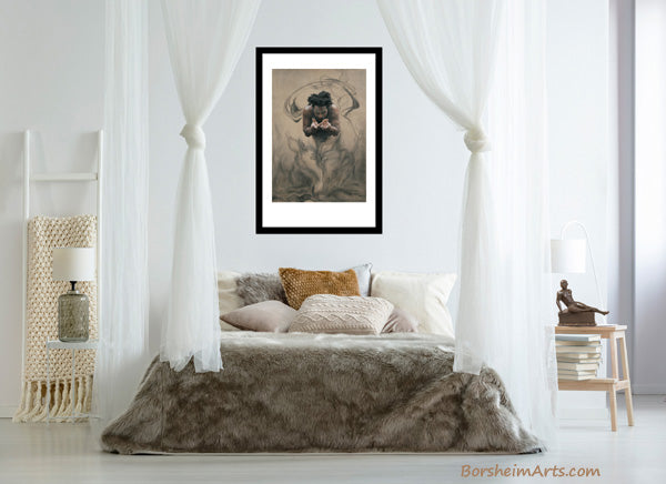 Il Dono, the gift, is a neutral colored pastel and charcoal drawing, shown here over canopy bed in bedroom mock-up image