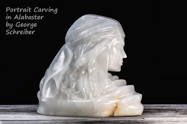 Profile view of stone portrait of a woman with long hair and a scarf over her head, tied at back.  carved from Italian alabaster by George Schreiber in Texas