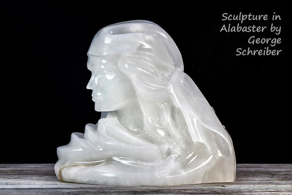 Stone portrait of a woman with long hair and a scarf over her head, tied at back.  carved from Italian alabaster by George Schreiber in Texas